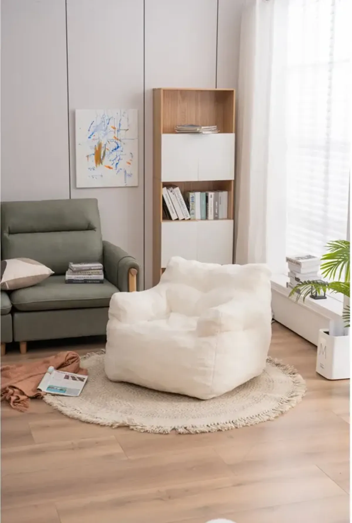 Soft Tufted Foam Bean Bag Chair With Teddy Fabric Ivory White