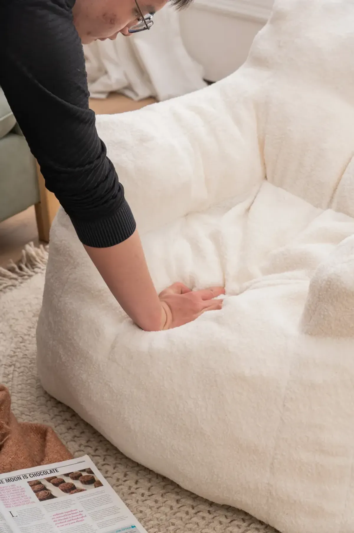 Streamdale Soft Tufted Foam Bean Bag Chair With Teddy Fabric Ivory White