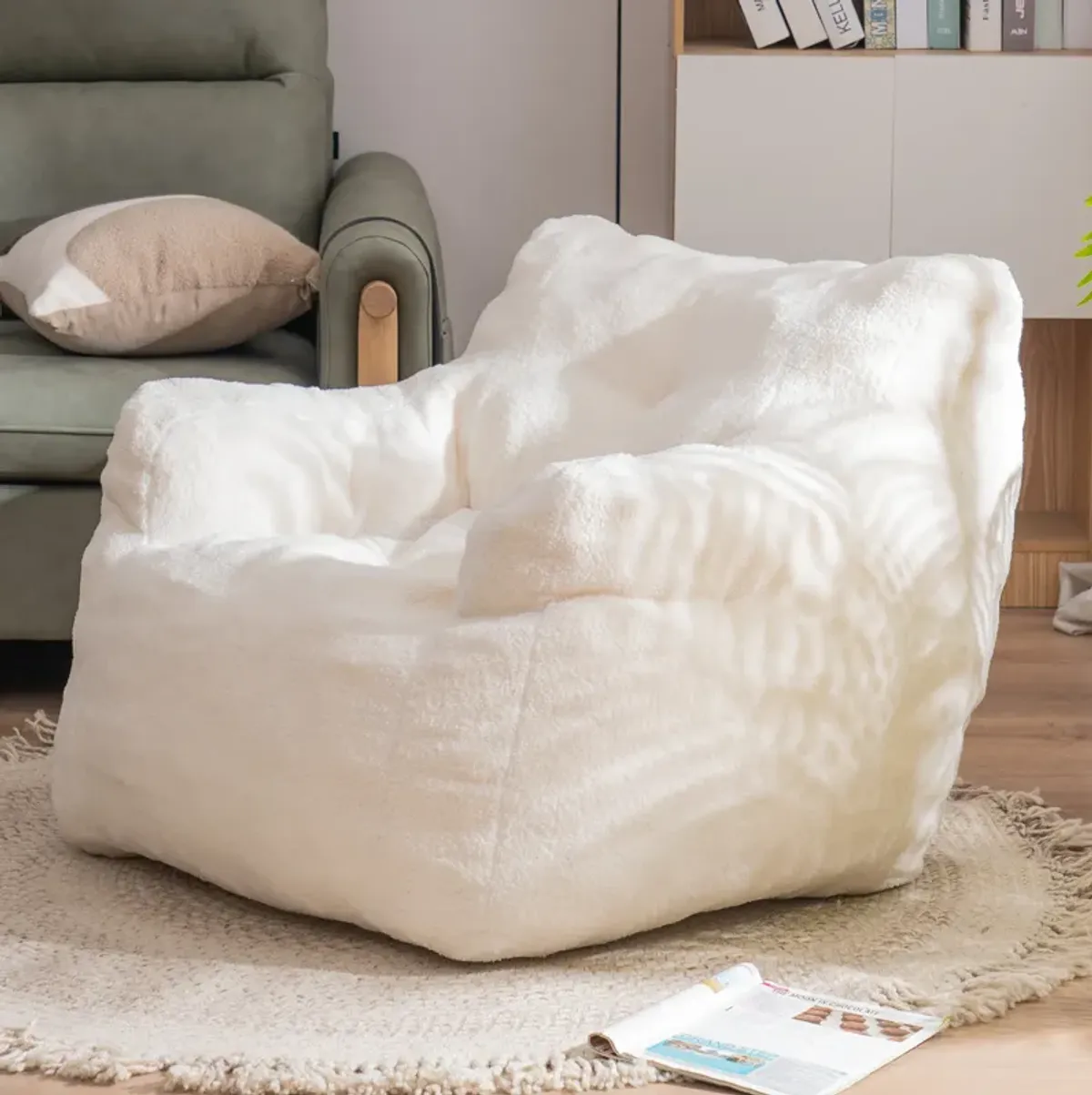 Streamdale Soft Tufted Foam Bean Bag Chair With Teddy Fabric Ivory White