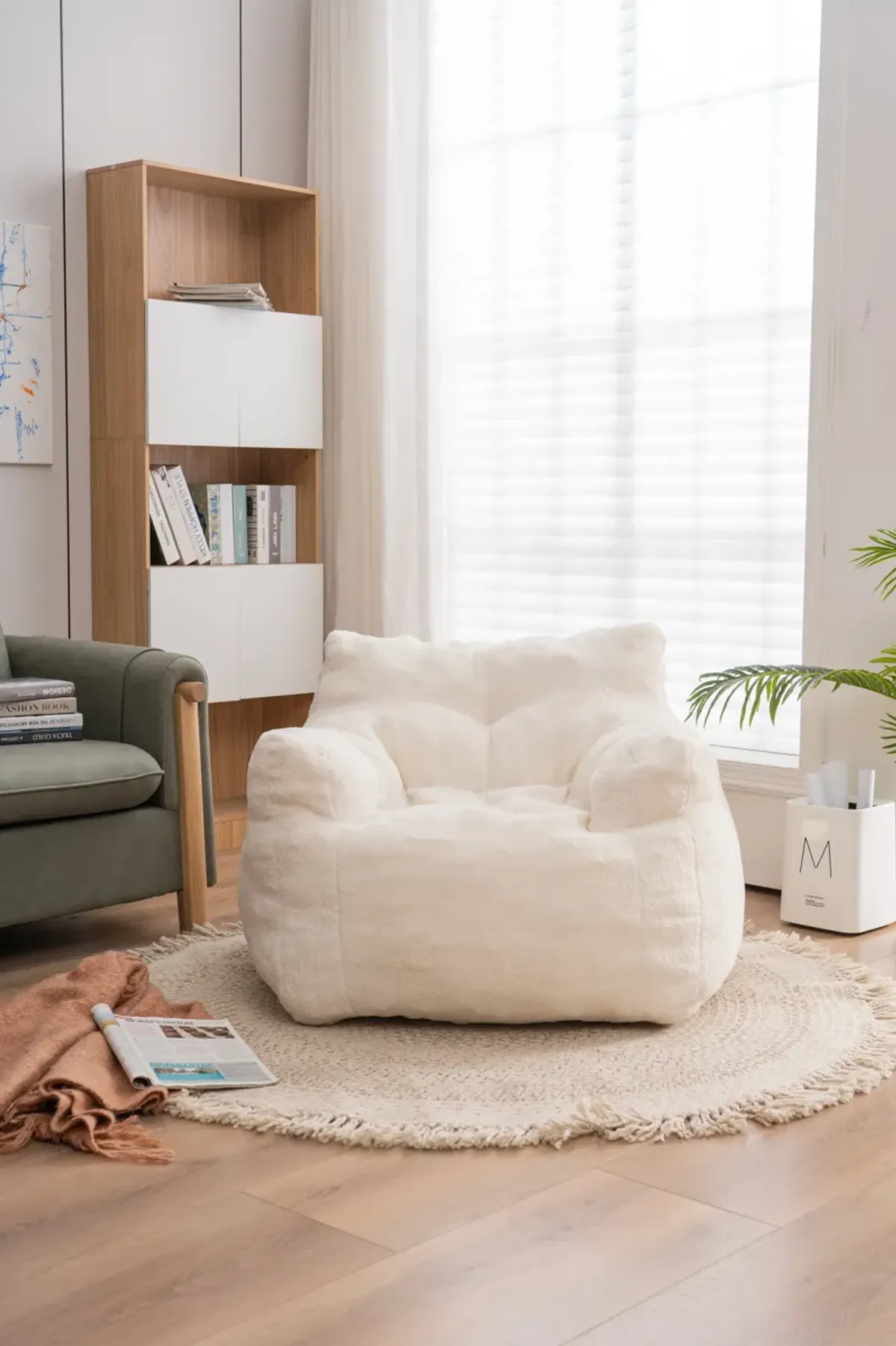 Streamdale Soft Tufted Foam Bean Bag Chair With Teddy Fabric Ivory White