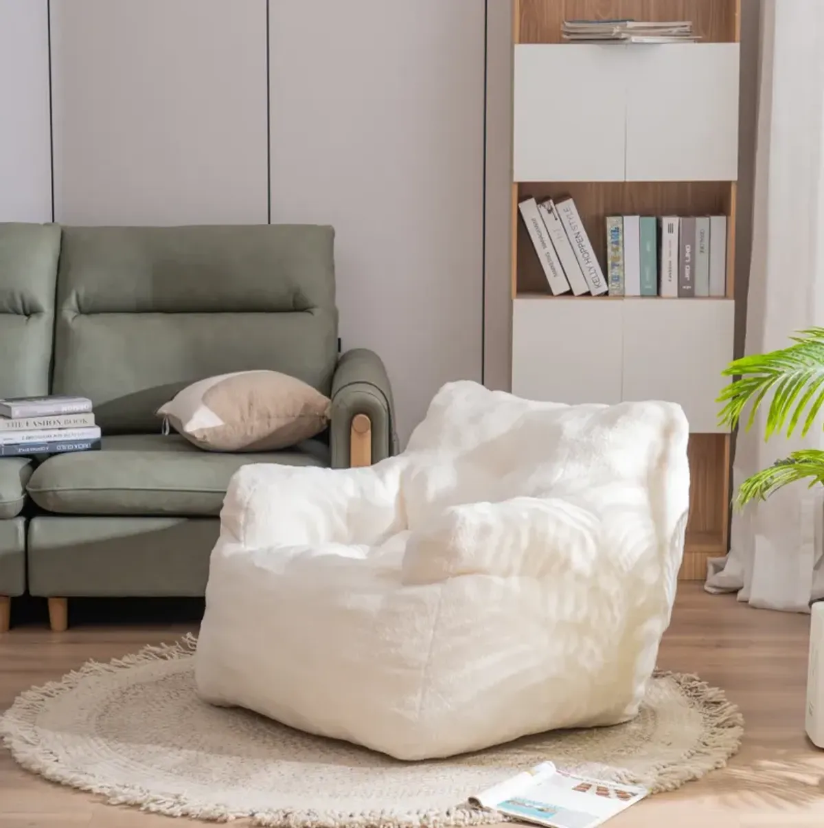 Soft Tufted Foam Bean Bag Chair With Teddy Fabric Ivory White