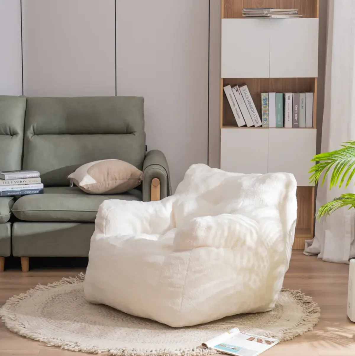 Streamdale Soft Tufted Foam Bean Bag Chair With Teddy Fabric Ivory White