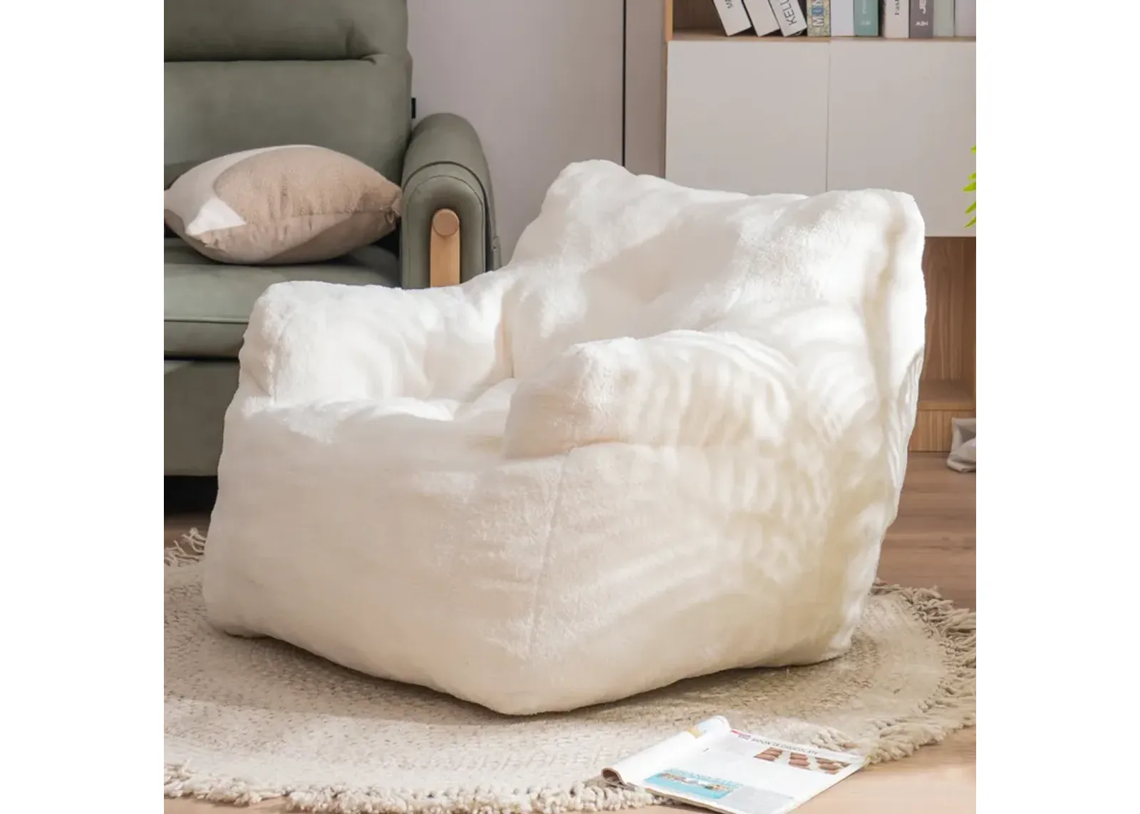 Soft Tufted Foam Bean Bag Chair With Teddy Fabric Ivory White