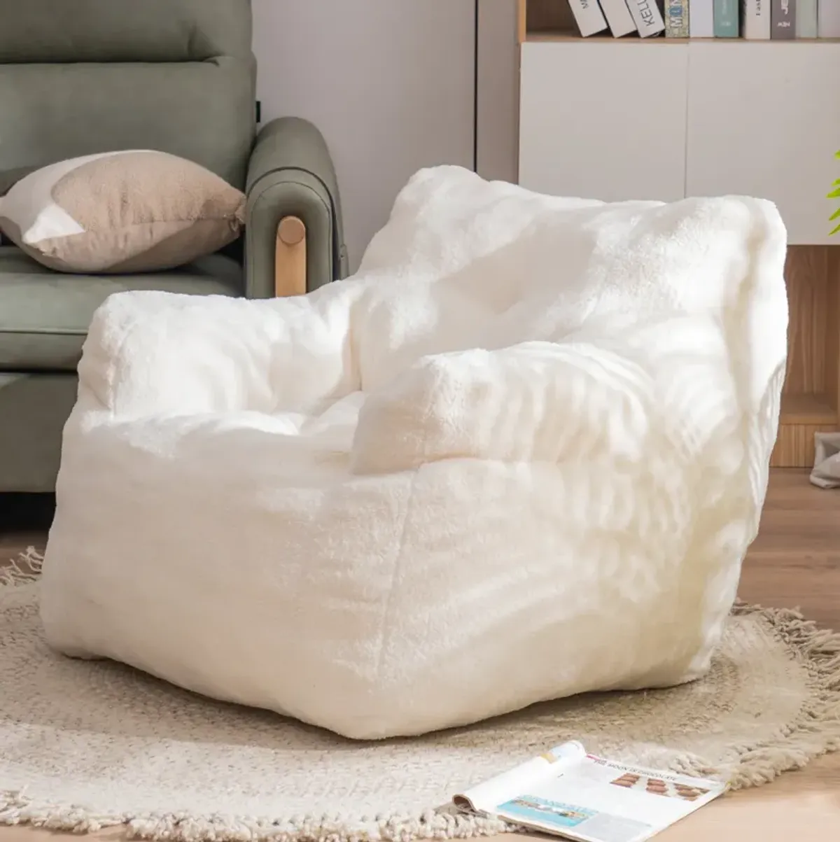 Soft Tufted Foam Bean Bag Chair With Teddy Fabric Ivory White