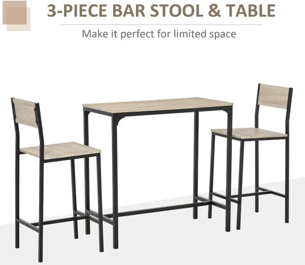 Natural Wood Bistro: 3-Piece Industrial Bar Table Set with 2 Stools