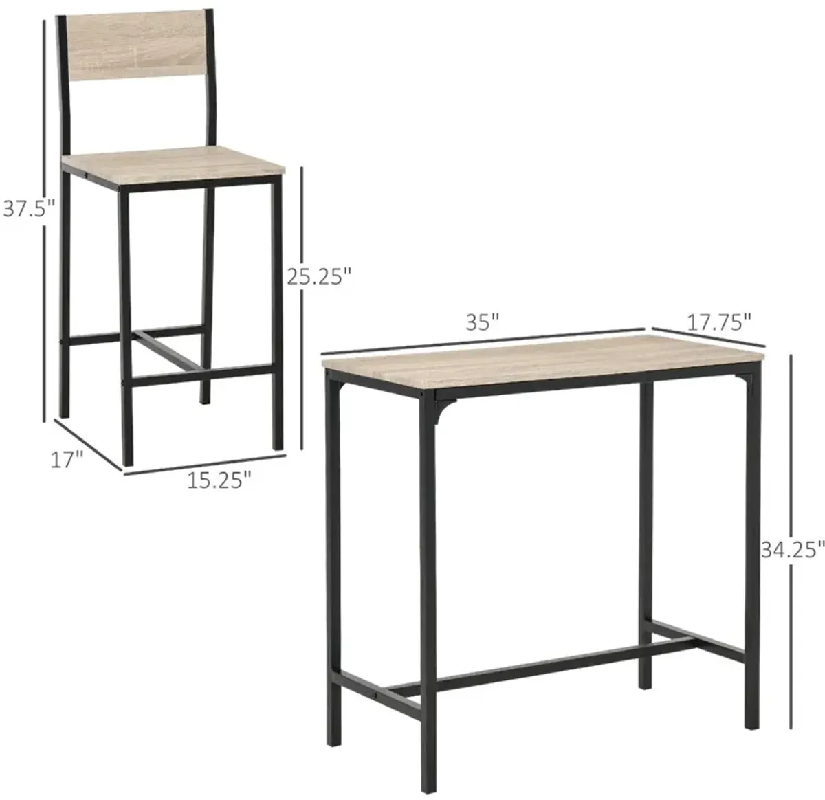 Natural Wood Bistro: 3-Piece Industrial Bar Table Set with 2 Stools