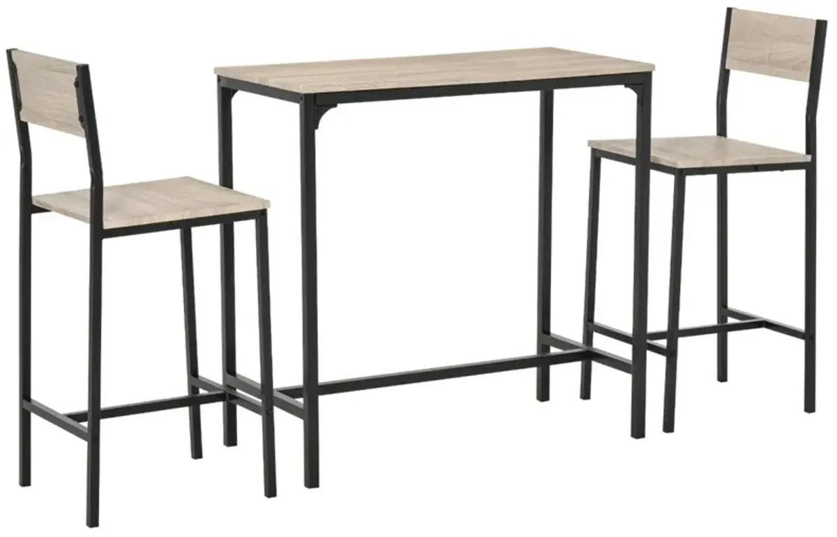 Natural Wood Bistro: 3-Piece Industrial Bar Table Set with 2 Stools