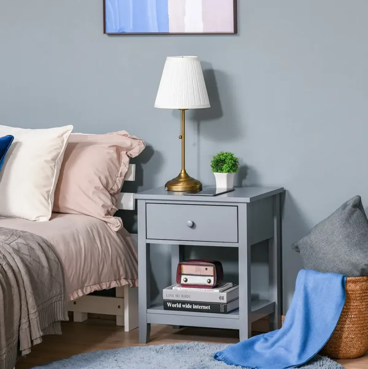 Grey Modern Nightstand: Sleek Bedside Table with Drawer and Shelf