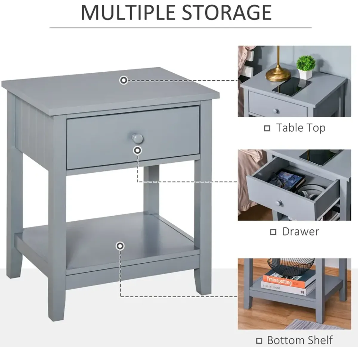 Grey Modern Nightstand: Sleek Bedside Table with Drawer and Shelf