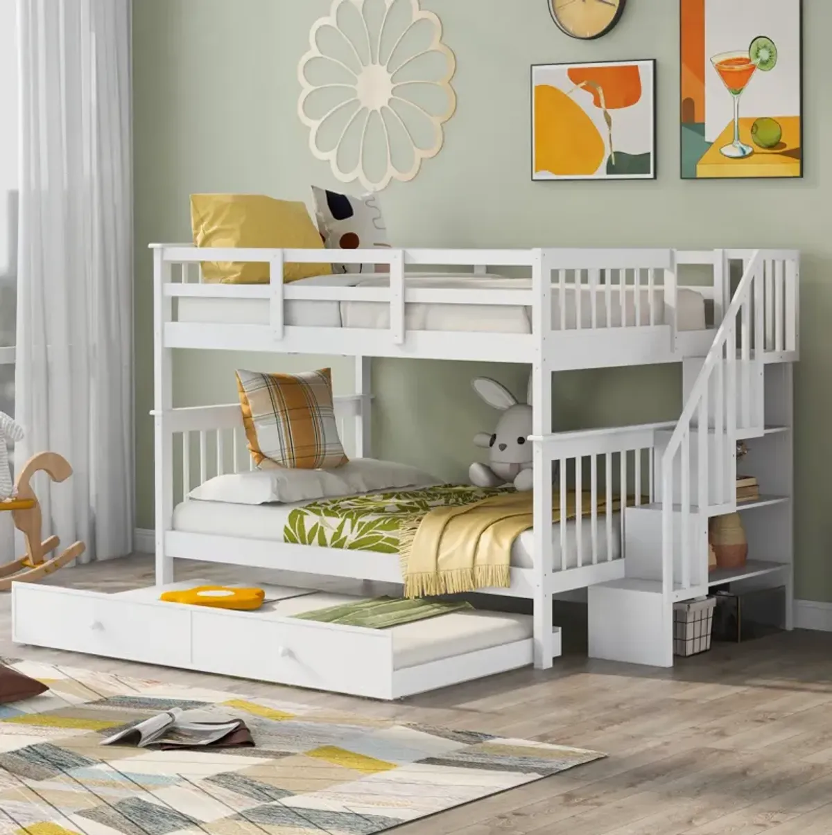 Stairway Full-Over-Full Bunk Bed With Twin Size Trundle, Storage And Guard Rail For Bedroom