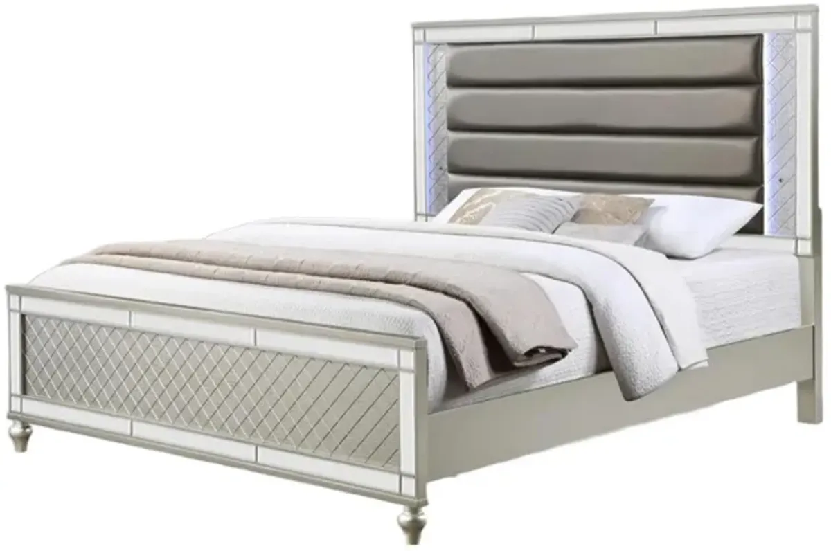 Benjara Cristo King Size Bed, Fabric Upholstery, Wood, Mirror Trim, Champagne Silver and Gray