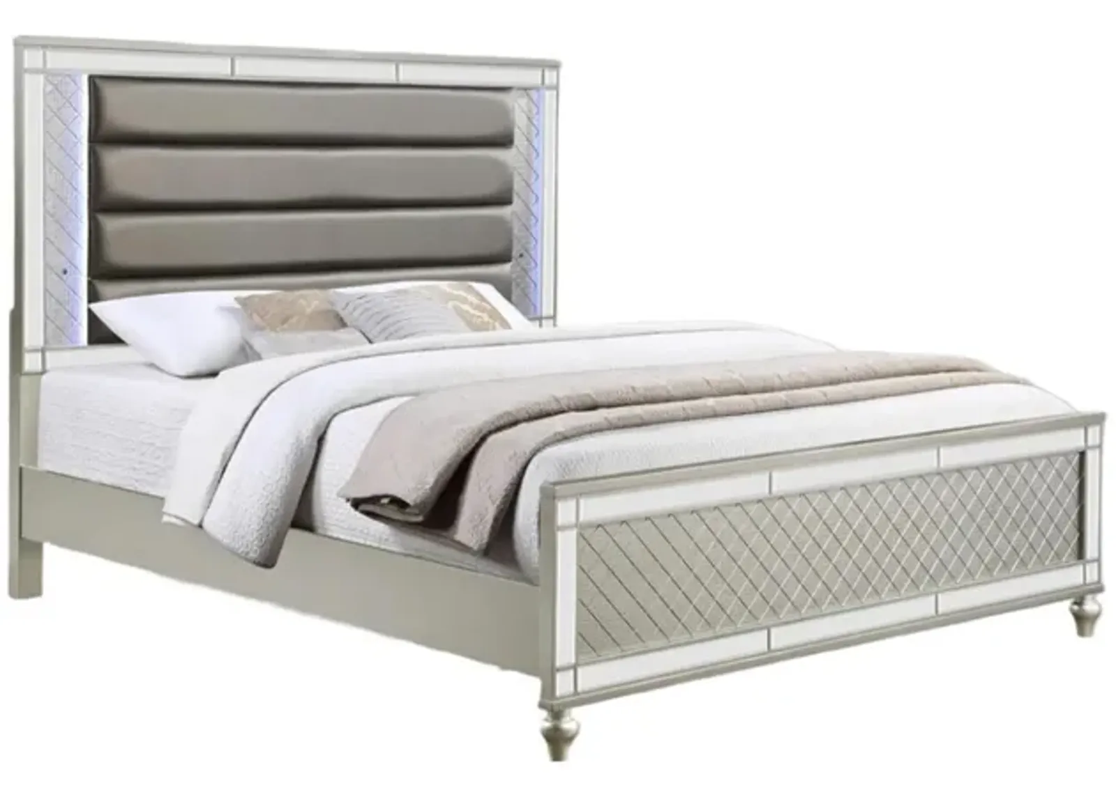 Benjara Cristo King Size Bed, Fabric Upholstery, Wood, Mirror Trim, Champagne Silver and Gray