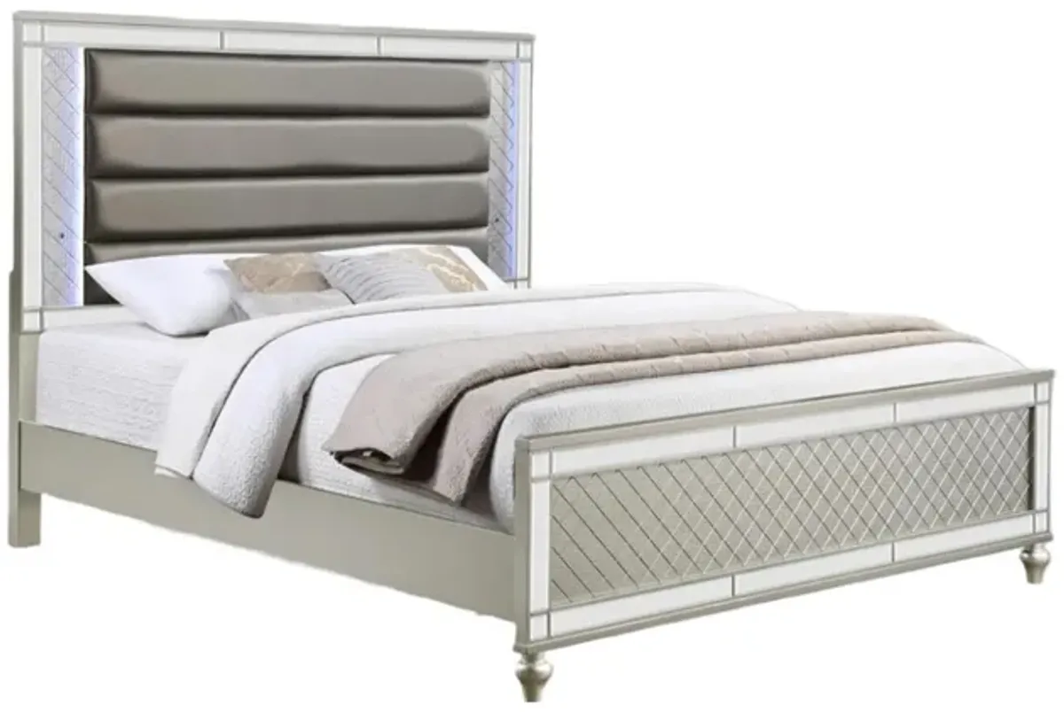 Benjara Cristo King Size Bed, Fabric Upholstery, Wood, Mirror Trim, Champagne Silver and Gray