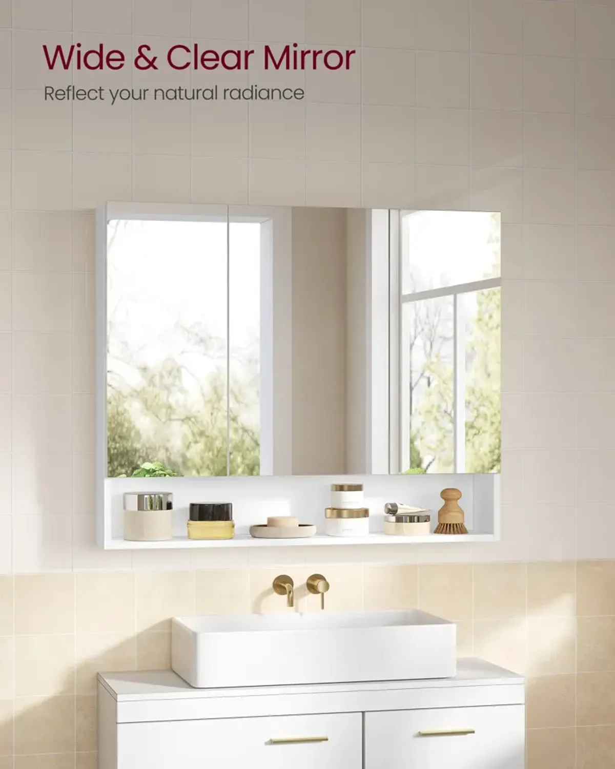 Wide Bathroom Mirror with Storage Cloud White