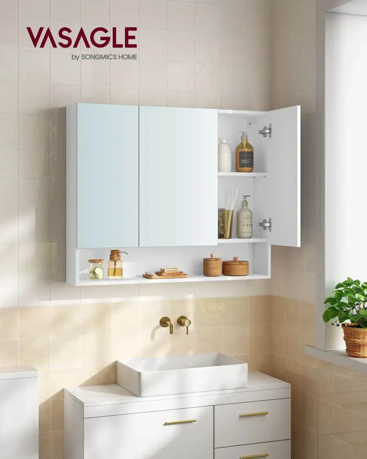 Wide Bathroom Mirror with Storage Cloud White