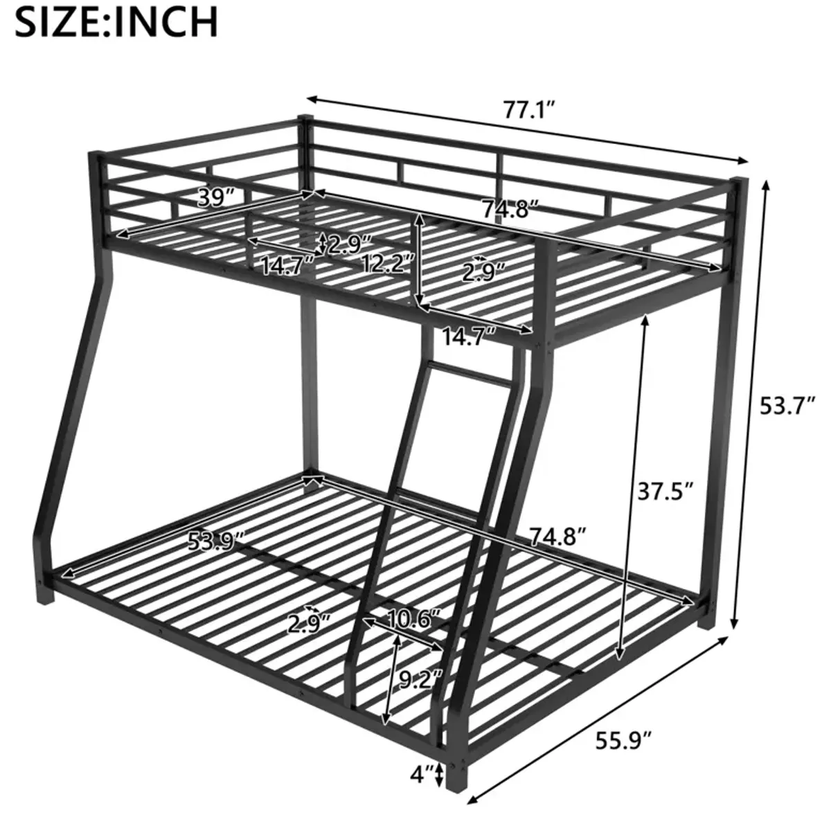 Metal Floor Bunk Bed, Twin Over Full