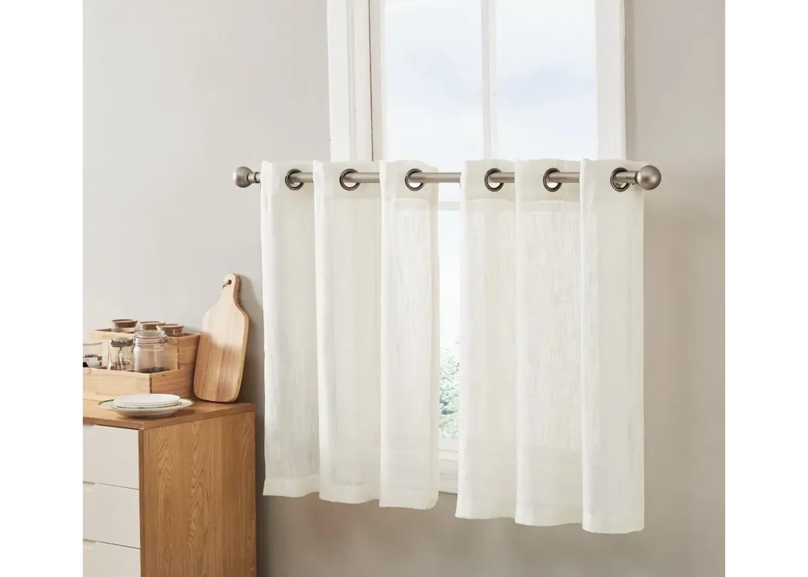 THD Serena Faux Linen Textured Semi Sheer Privacy Light Filtering Transparent Grommet Short Thick Cafe Curtain Tiers for Small Windows, Kitchen & Bathroom, Set of 2