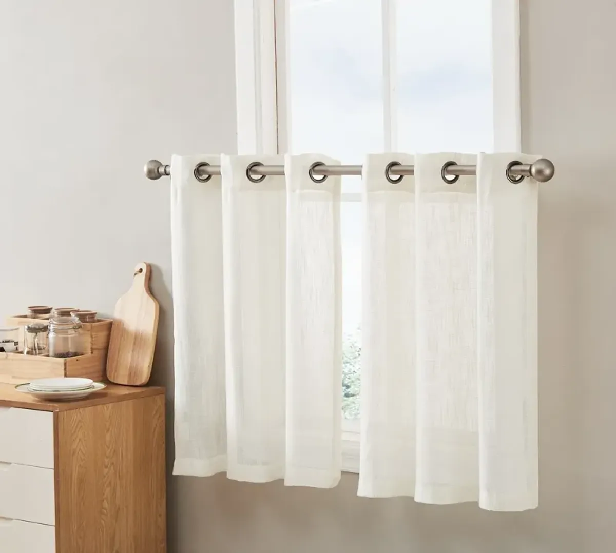 THD Serena Faux Linen Textured Semi Sheer Privacy Light Filtering Transparent Grommet Short Thick Cafe Curtain Tiers for Small Windows, Kitchen & Bathroom, Set of 2