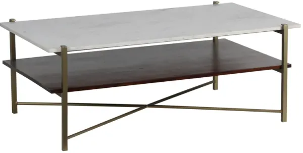 46 Inch Coffee Table, Rectangular White Marble Top with Shelf, Gold Frame - Benzara