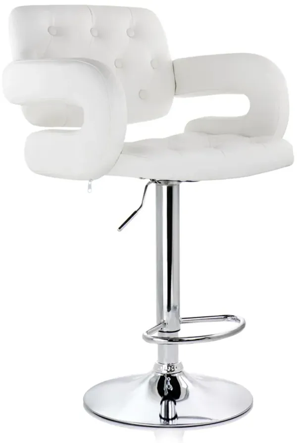 Elama Faux Leather Tufted Bar Stool in White with Chrome Base and Adjustable Height