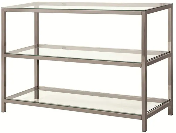 Glass and Metal Frame Sofa Table with 2 Open Shelves, Silver and Clear-Benzara