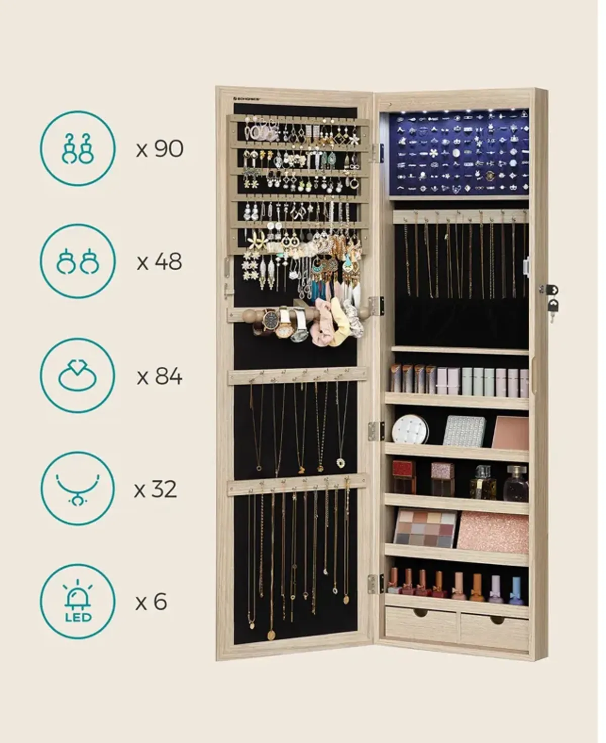 Mirror Jewelry Armoire with 6 LEDs - 47.2" Lockable Wall/Door Mounted Cabinet with 2 Drawers