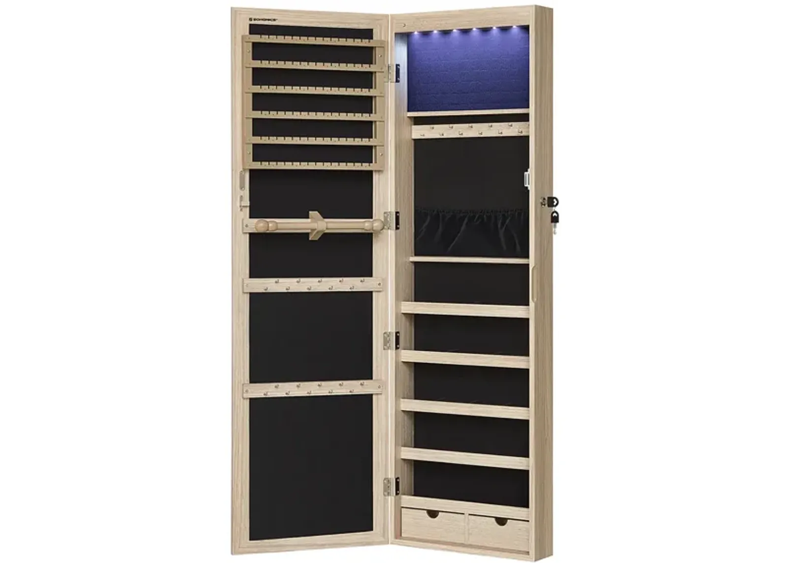 Mirror Jewelry Armoire with 6 LEDs - 47.2" Lockable Wall/Door Mounted Cabinet with 2 Drawers