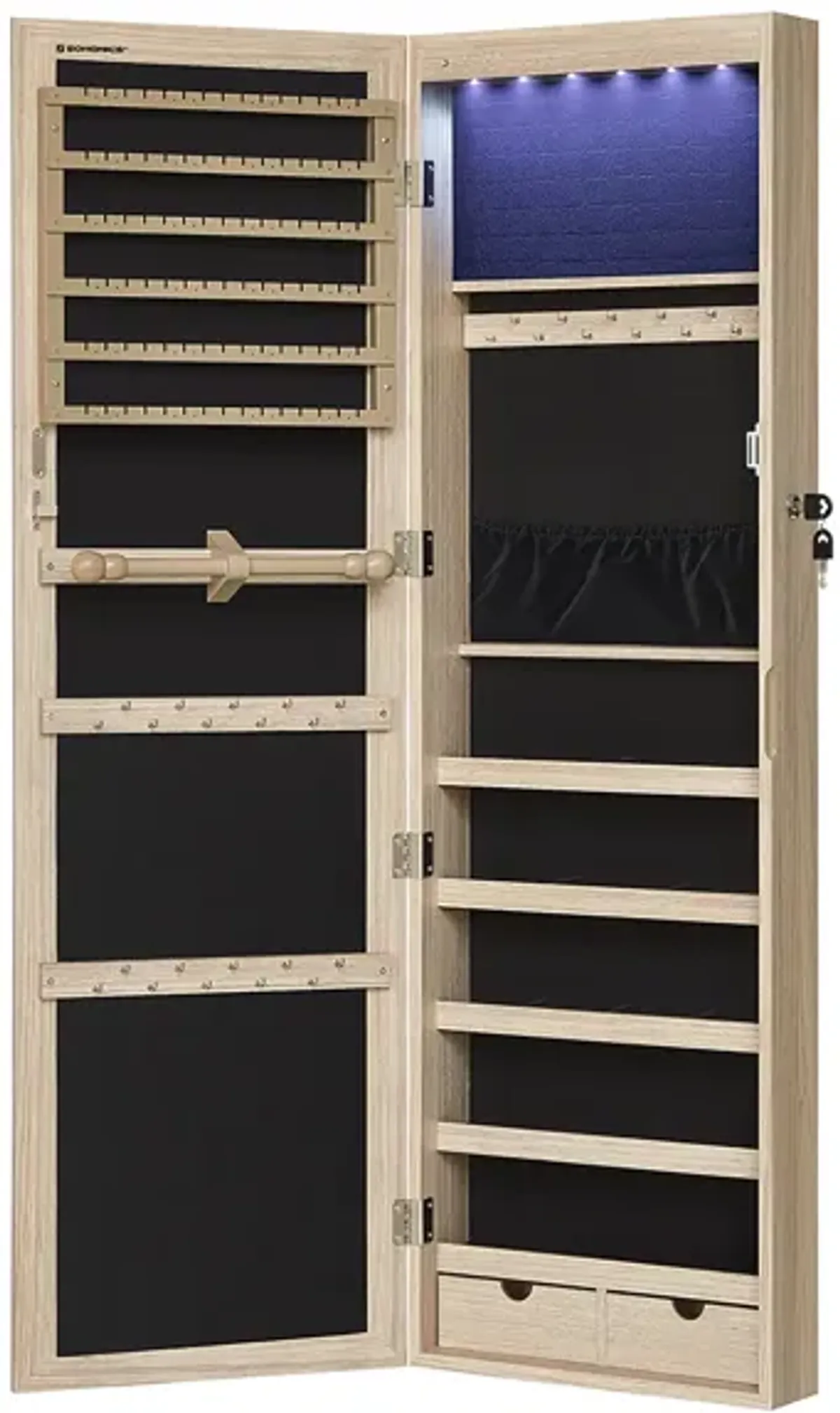 Mirror Jewelry Armoire with 6 LEDs - 47.2" Lockable Wall/Door Mounted Cabinet with 2 Drawers