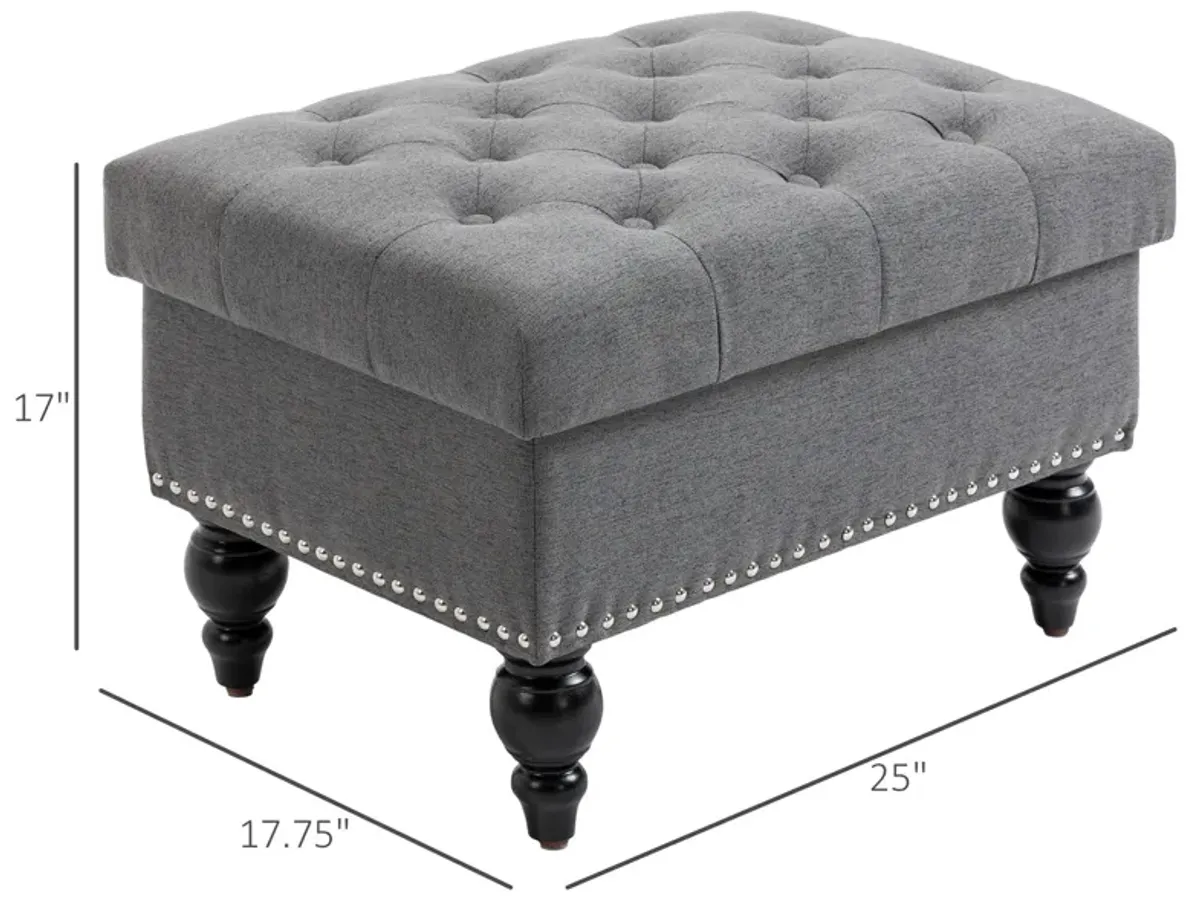 Grey Multipurpose Seat: 25" Button-Tufted Storage Ottoman Bench