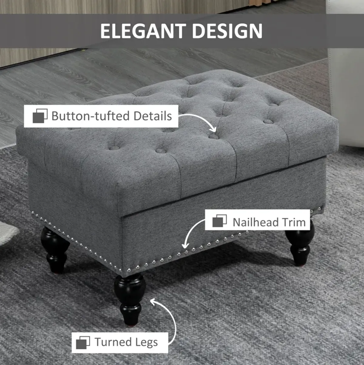 Grey Multipurpose Seat: 25" Button-Tufted Storage Ottoman Bench