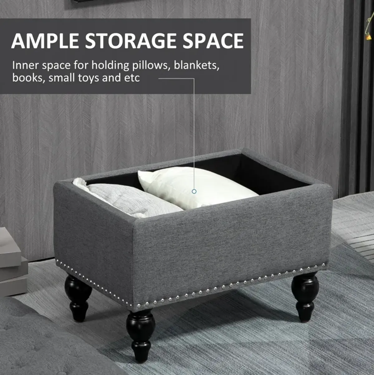 Grey Multipurpose Seat: 25" Button-Tufted Storage Ottoman Bench