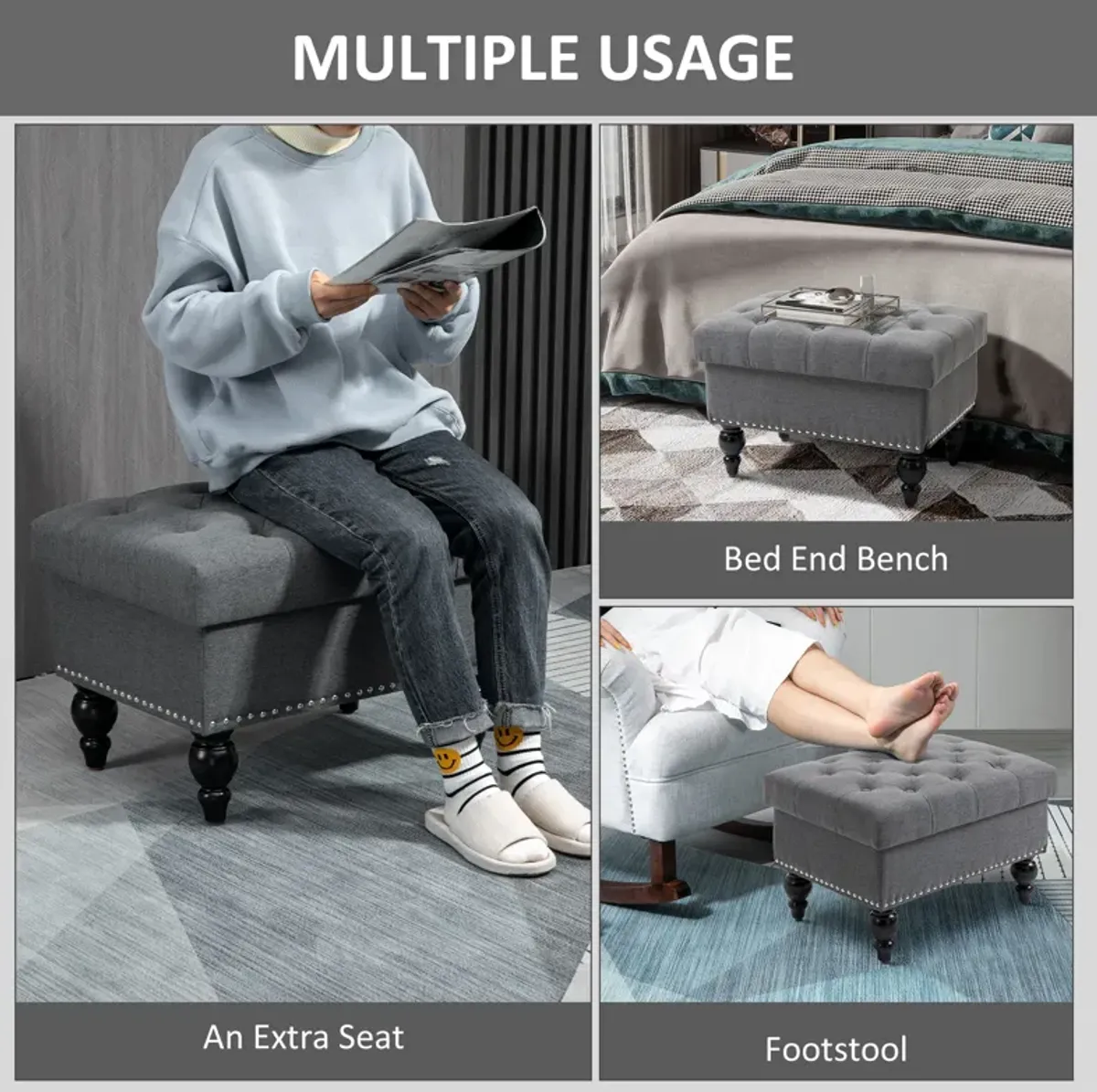 Grey Multipurpose Seat: 25" Button-Tufted Storage Ottoman Bench