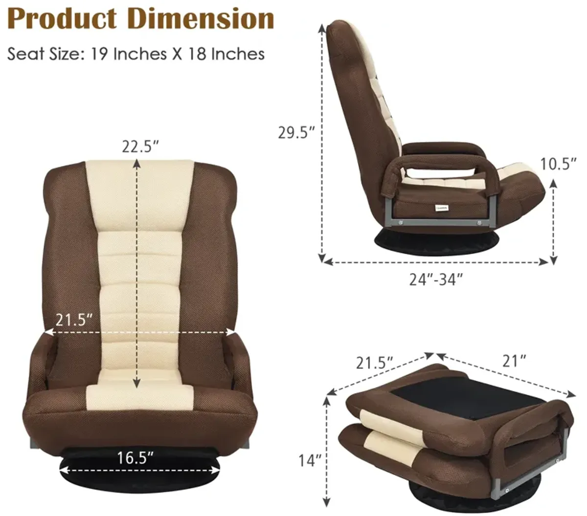 360-Degree Swivel Gaming Floor Chair with Foldable Adjustable Backrest-Brown