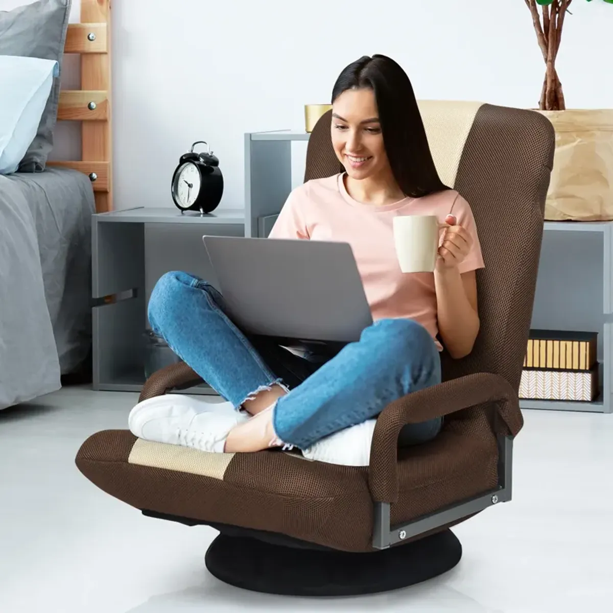 360-Degree Swivel Gaming Floor Chair with Foldable Adjustable Backrest-Brown