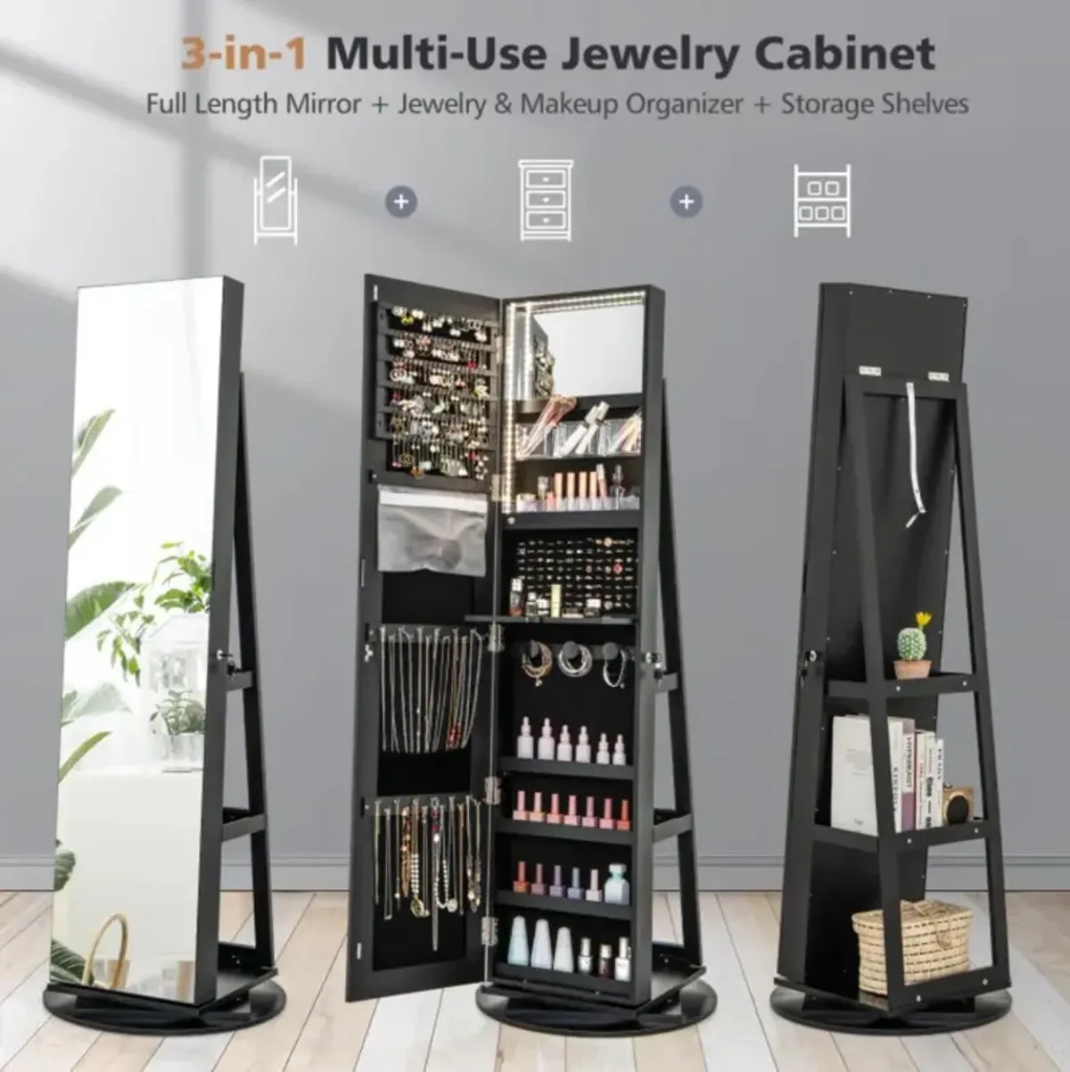 Hivvago 360Â° Rotating Mirrored Jewelry Cabinet Armoire 3 Color LED Modes Lockable