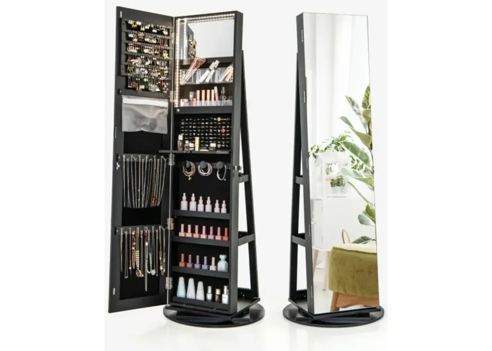 Hivvago 360Â° Rotating Mirrored Jewelry Cabinet Armoire 3 Color LED Modes Lockable