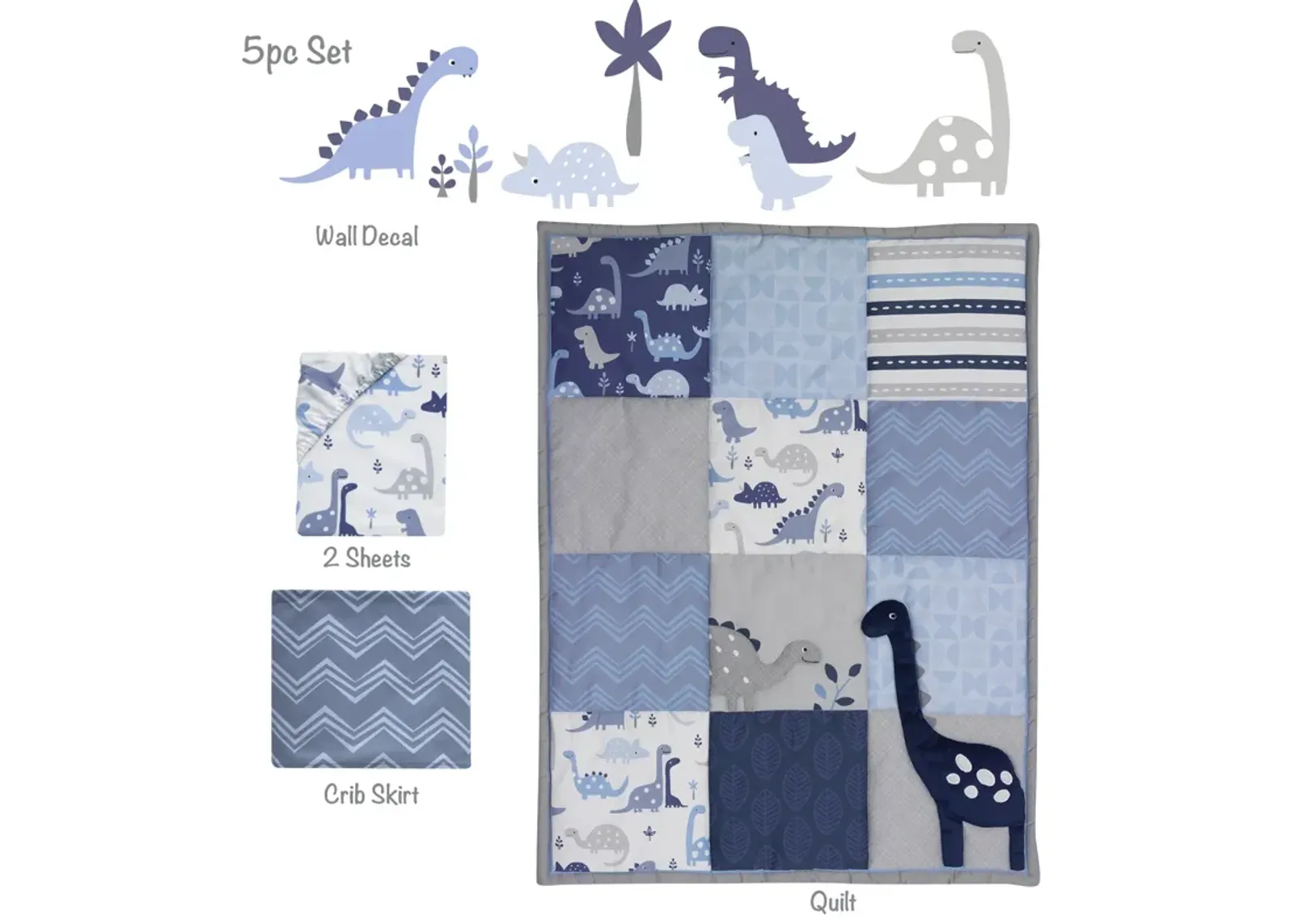 Bedtime Originals Roar Blue/Gray Dinosaur 5-Piece Nursery Baby Crib Bedding Set