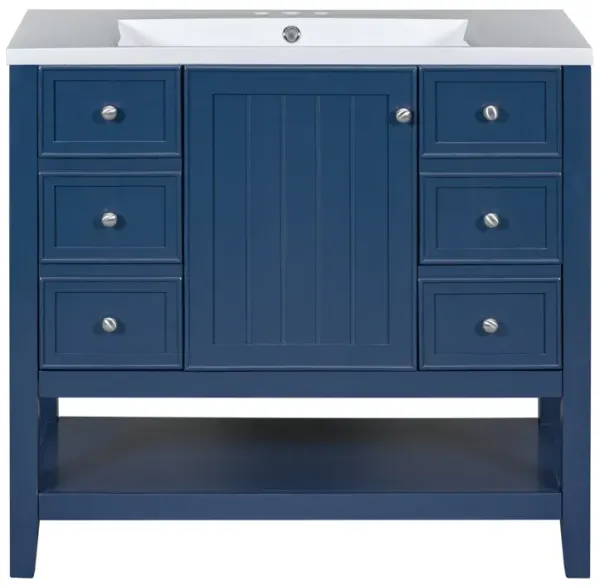 Whisen 36" Bathroom Storage Cabinet Bathroom Vanity with Ceramic Sink, One Cabinet and 3 Drawers