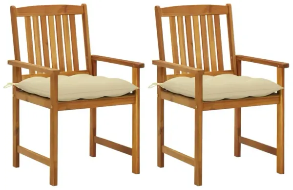 Blaire Outdoor Accent Chairs, Set of 2, Acacia Wood, Cream Cushions - Benzara