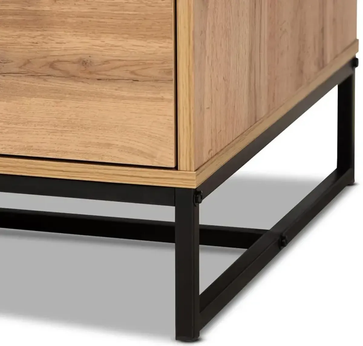 Oak Brown Finished Wood and Black Finished Metal 2-Drawer Coffee Table