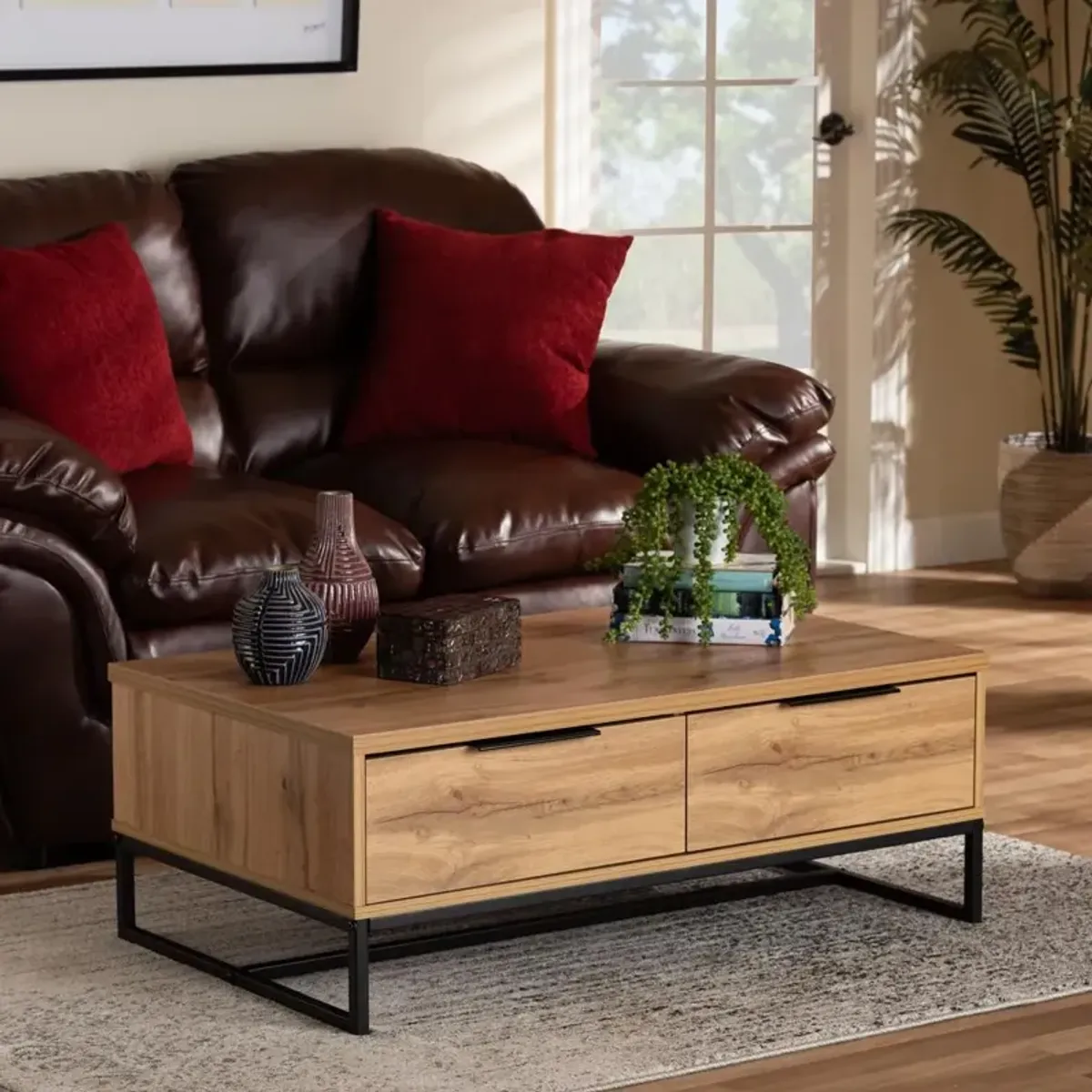 Oak Brown Finished Wood and Black Finished Metal 2-Drawer Coffee Table