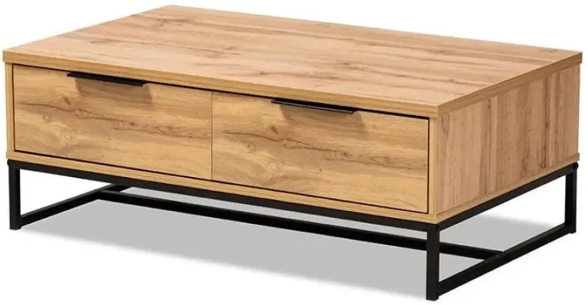 Oak Brown Finished Wood and Black Finished Metal 2-Drawer Coffee Table