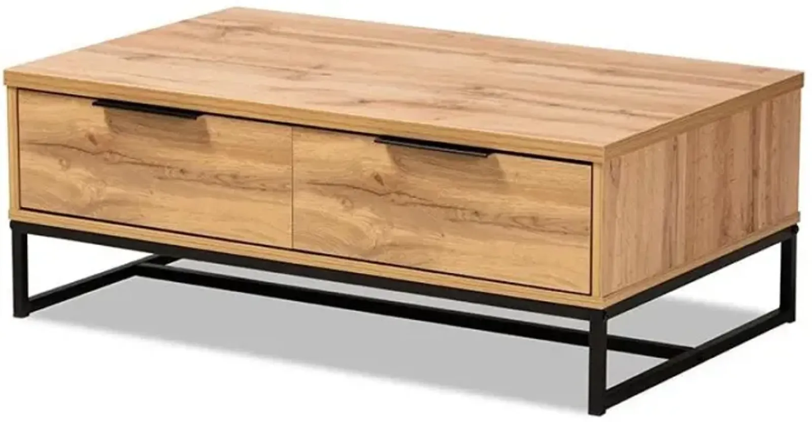 Oak Brown Finished Wood and Black Finished Metal 2-Drawer Coffee Table