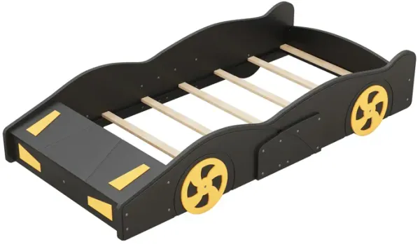 Whisen Twin Size Race Car-Shaped Platform Bed with Wheels and Storage - Black & Yellow