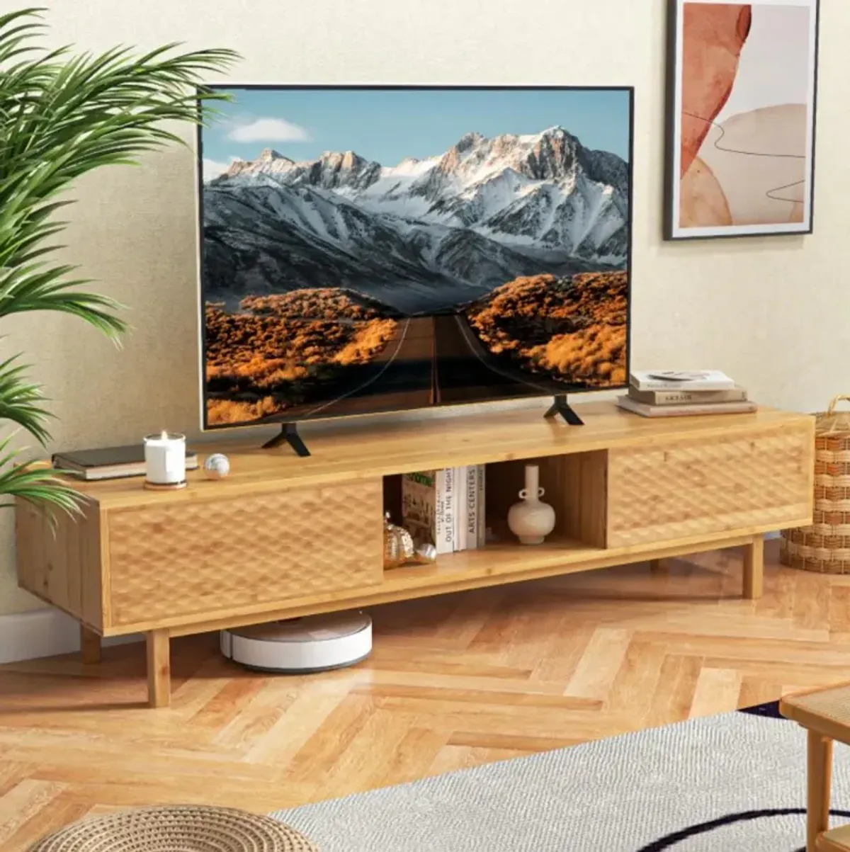 Hivvago 63 Inches Mid Century Modern Bamboo TV Stand with Sliding Doors-Natural