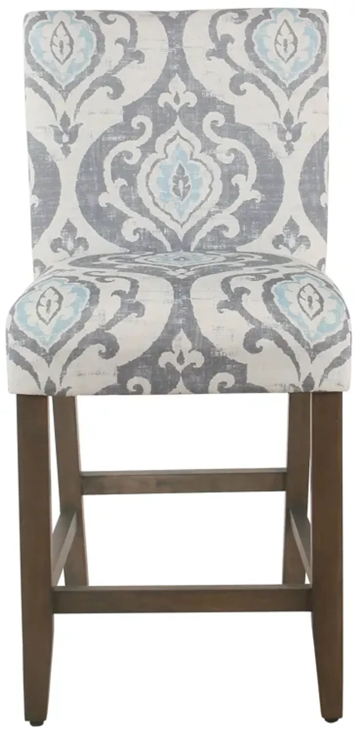 Wooden Counter Height Stool with Damask Pattern Fabric Upholstery, Gray and Blue - Benzara