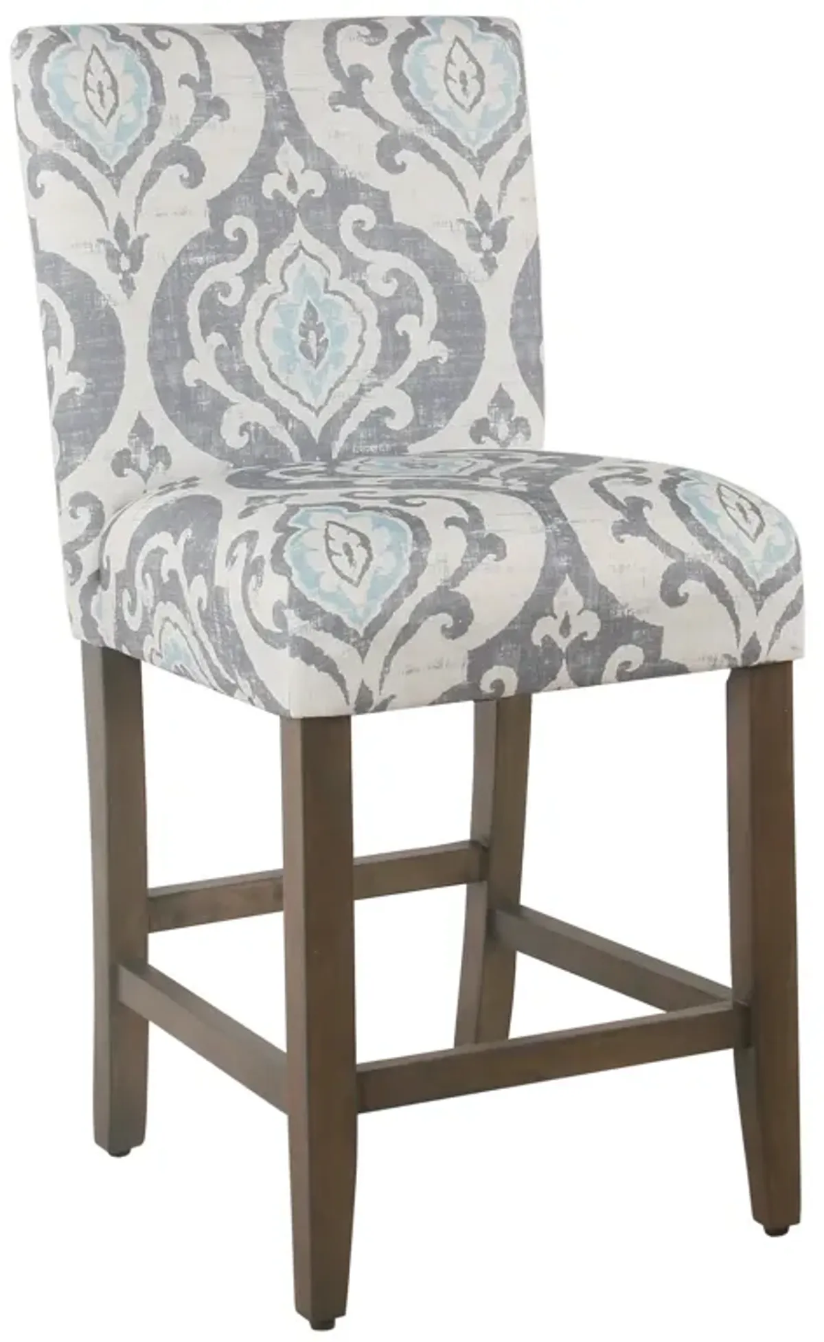Wooden Counter Height Stool with Damask Pattern Fabric Upholstery, Gray and Blue - Benzara