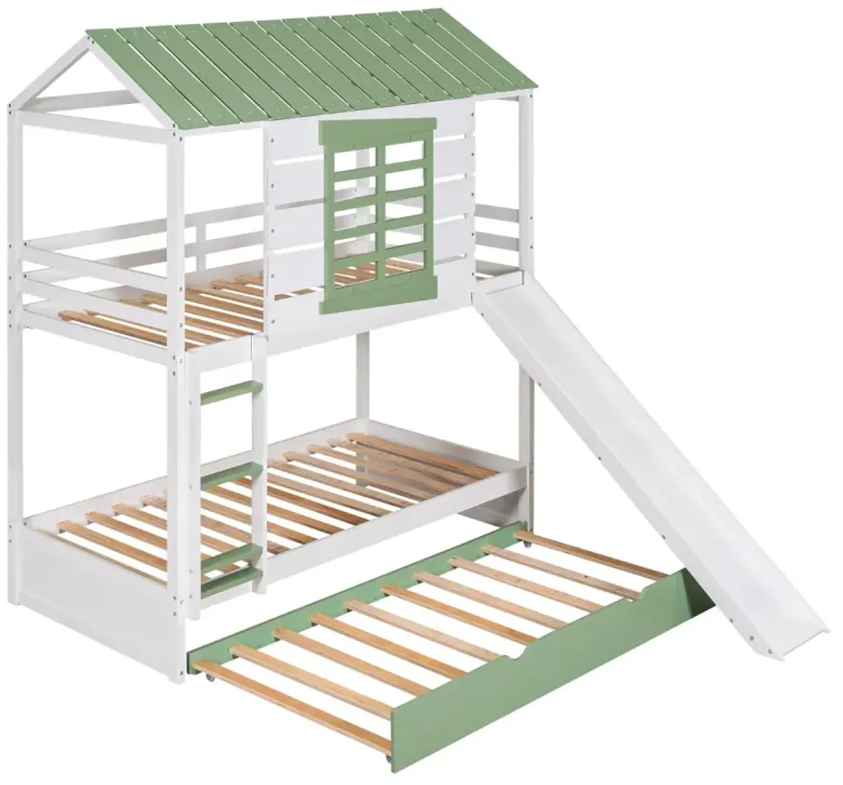 Twin Over Twin Size House Bunk Bed With Convertible Slide And Trundle