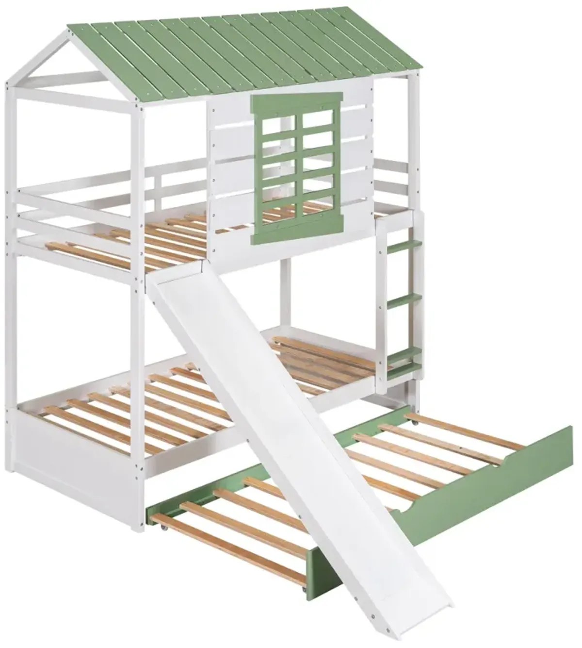 Twin Over Twin Size House Bunk Bed With Convertible Slide And Trundle