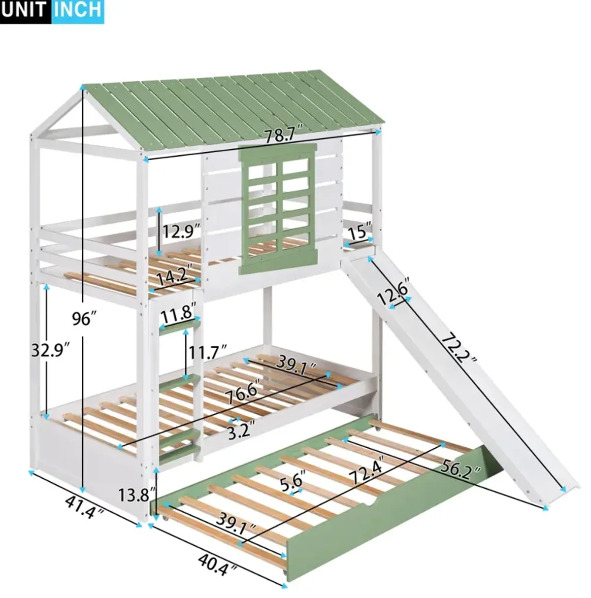 Twin Over Twin Size House Bunk Bed With Convertible Slide And Trundle